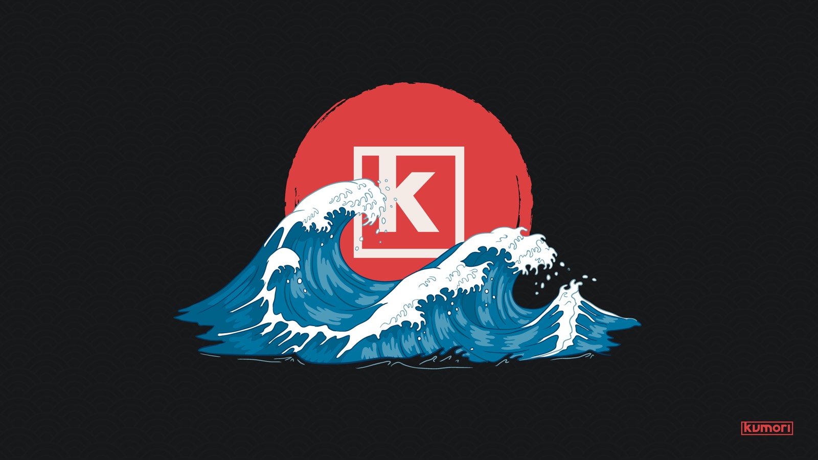 Wallpaper Kumori Wave: sol vermelho, logo K e uma onda